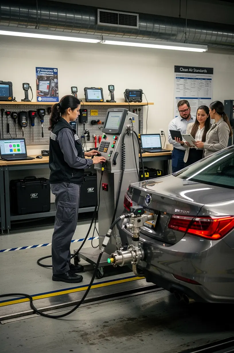 Technician performing a computerized safety and emissions inspection on a car ensuring regulatory compliance.